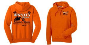 Orange hoodie with Bentley's Saloon logo and motorcycle design.