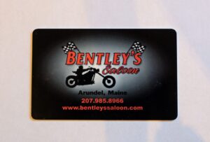 Business card for Bentley's Saloon in Arundel, Maine with contact info.