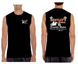 Black sleeveless shirt with Bentley's Saloon logo and motorcycle design, Arundel, Maine.