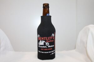 Beer bottle in a black koozie from Bentley's Saloon, Arundel, Maine.