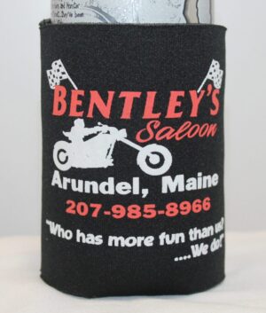 Black drink koozie with Bentley's Saloon logo and contact info in Arundel, Maine.