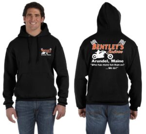 Black hoodie with Bentley's Saloon logo and motorcycle graphic, front and back views.