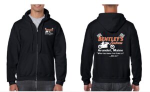 Black zip-up hoodie featuring colorful logos and text for Arundel, Maine.