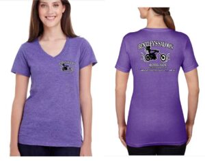 Purple Bentley's Saloon t-shirt with motorcycle graphic on front and back.