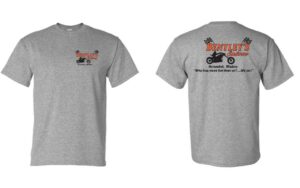 Gray T-shirt with Bentley's Saloon motorcycle logo and slogan from Arundel, Maine.