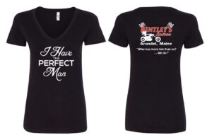 Black V-neck T-shirt with romantic and saloon-themed text on front and back.