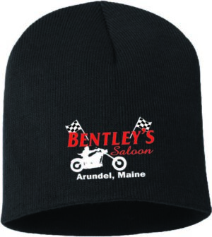 Black beanie with Bentley's Saloon logo and motorcycle graphic.