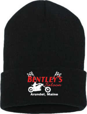 Black beanie with Bentley's Saloon logo and motorcycle graphic.