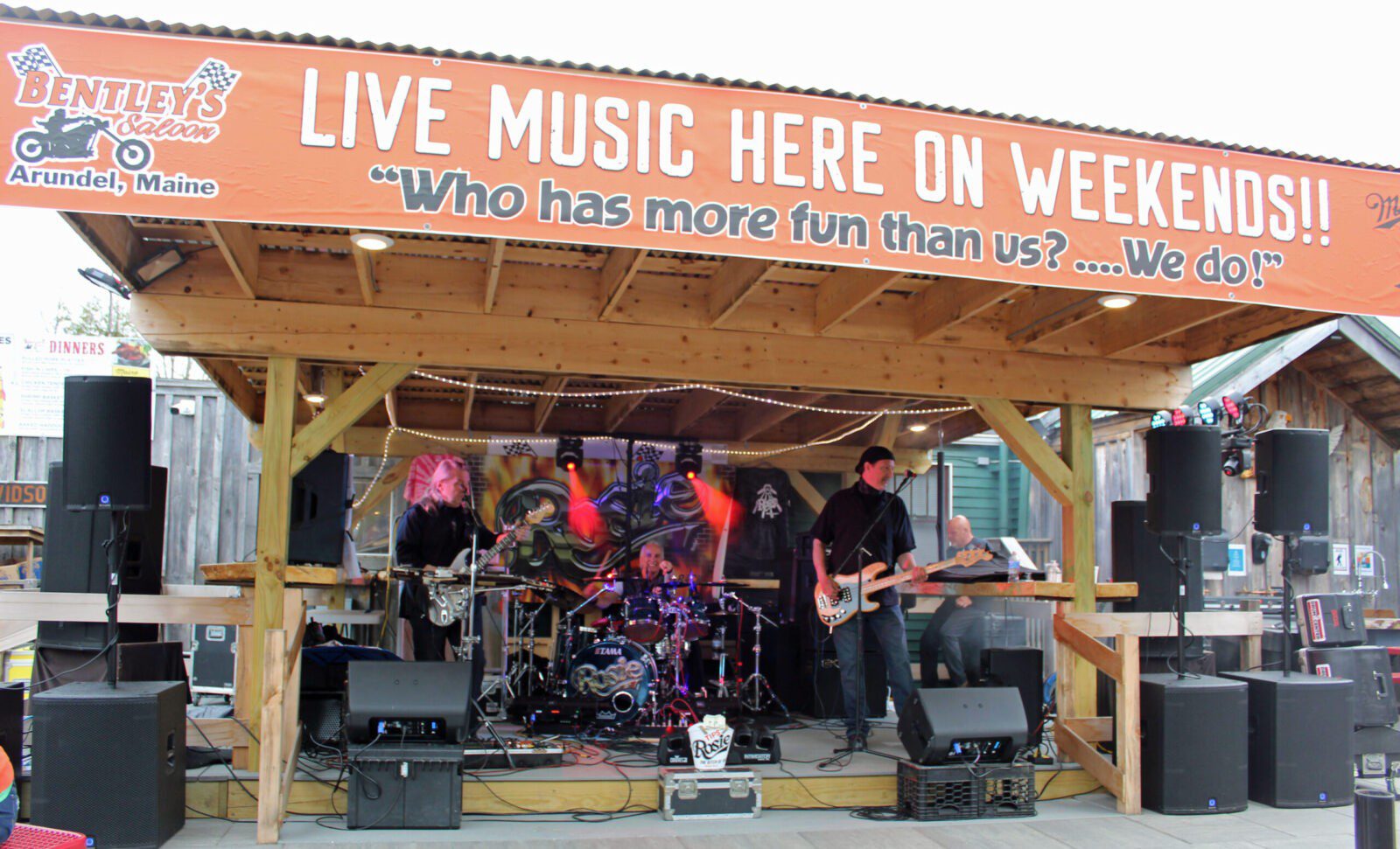 Live band performing at Bentley's Saloon in Arundel, Maine on a weekend.