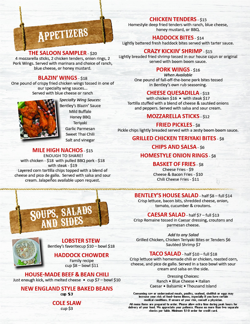 Bentley's Saloon | Arundel, Maine| Food Menu