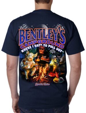 Back of a navy blue T-shirt with a colorful campfire scene and humorous text.