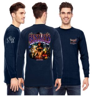 Navy blue long sleeve shirt with Bentley's Campground designs on front, back, and sleeves.