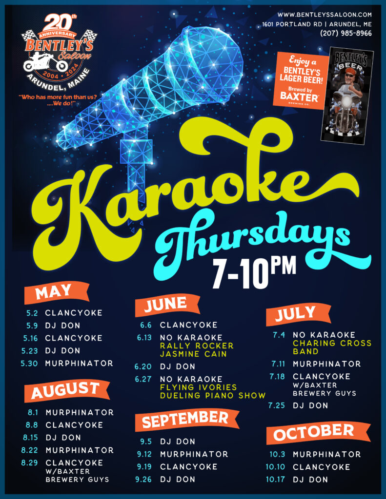 A poster of the karaoke thursdays with various music genres.