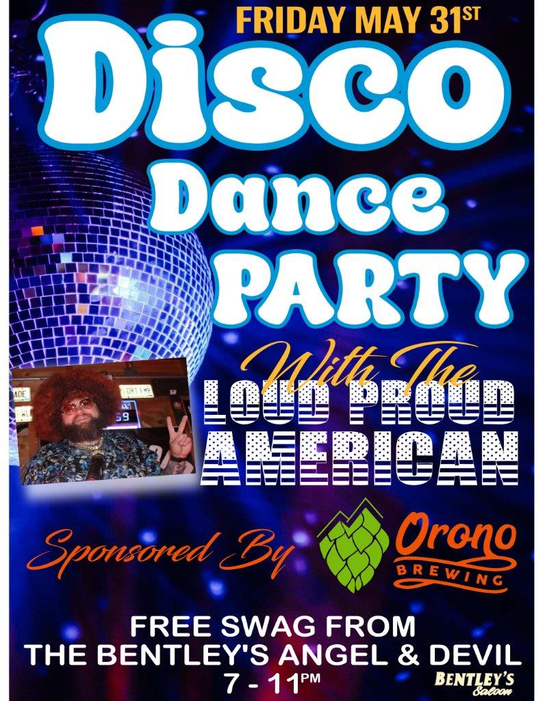 A poster for the disco dance party with the loud proud american.