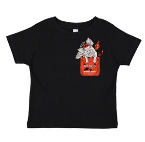 Black t-shirt with a cat in a red pocket design.