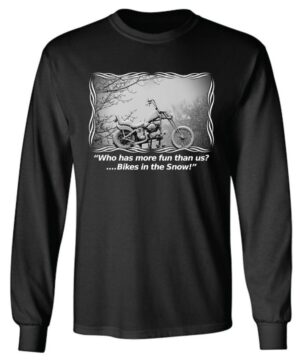 A black long sleeve shirt with a picture of a motorcycle.