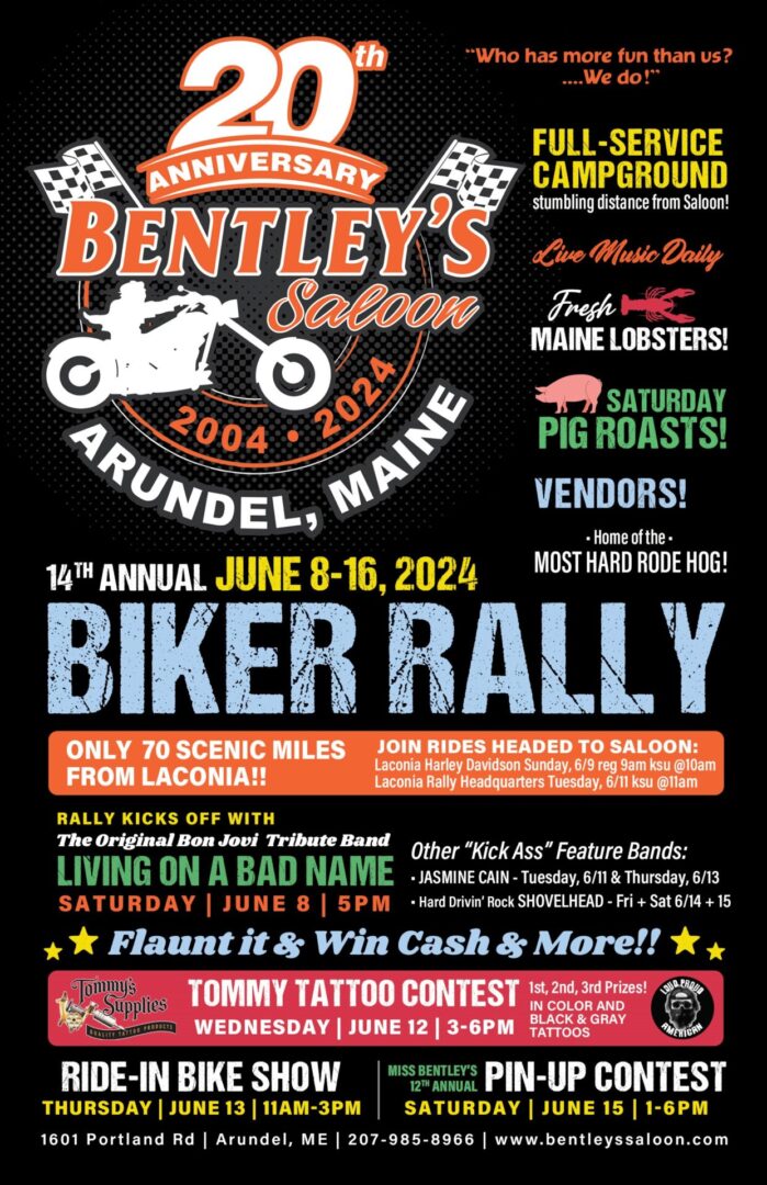 A poster for the 2 0 1 4 bentley 's saloon biker rally.
