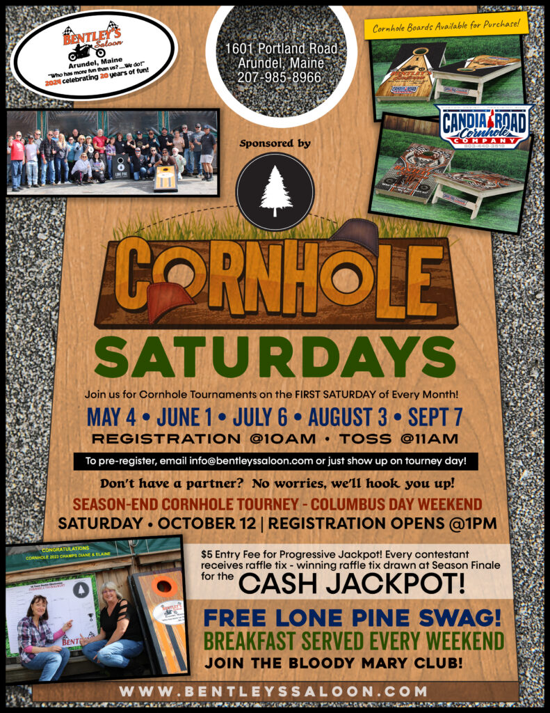 A poster of the cornhole saturdays event.