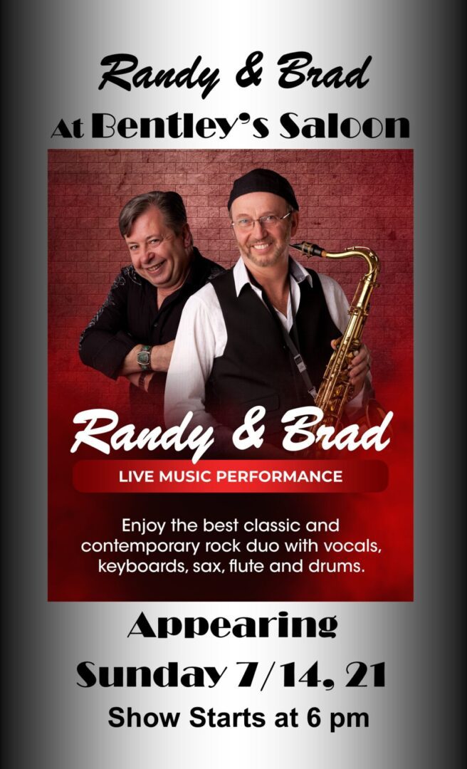 A poster of two men playing musical instruments.