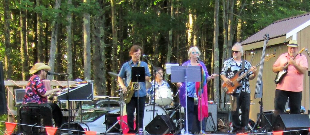 A small band performs outdoors among trees with saxophone and drums.