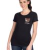 A woman wearing a black t-shirt with an image of a cat.