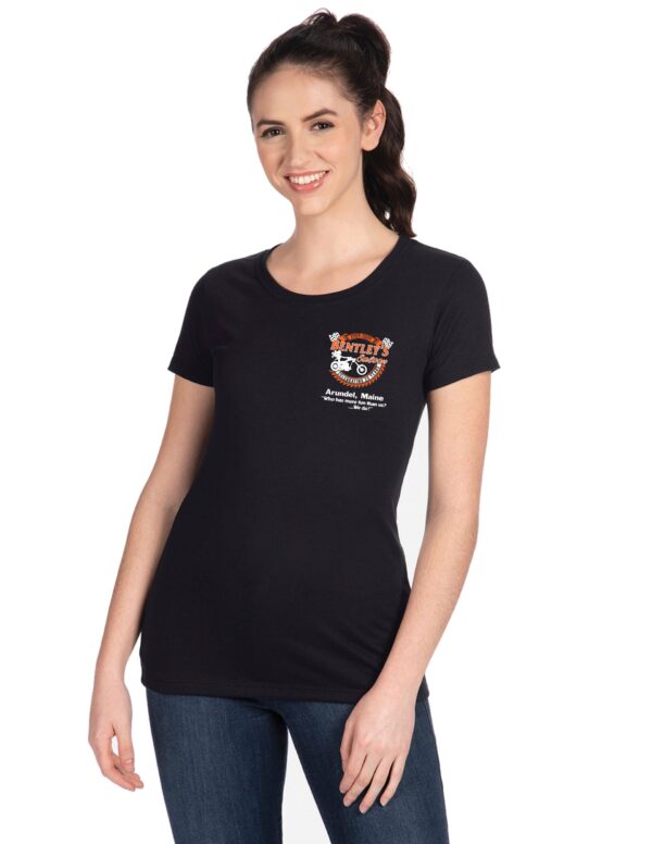 A woman wearing a black t-shirt with an image of a cat.