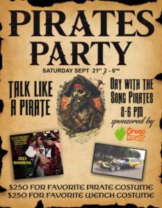 A poster for the pirates party with an image of a pirate.