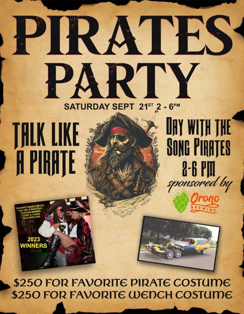 A poster for the pirates party with an image of a pirate.