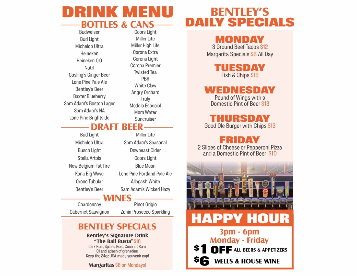 Bentley's Saloon - 2024 Drink Menu 8.5x3.75 Laminated