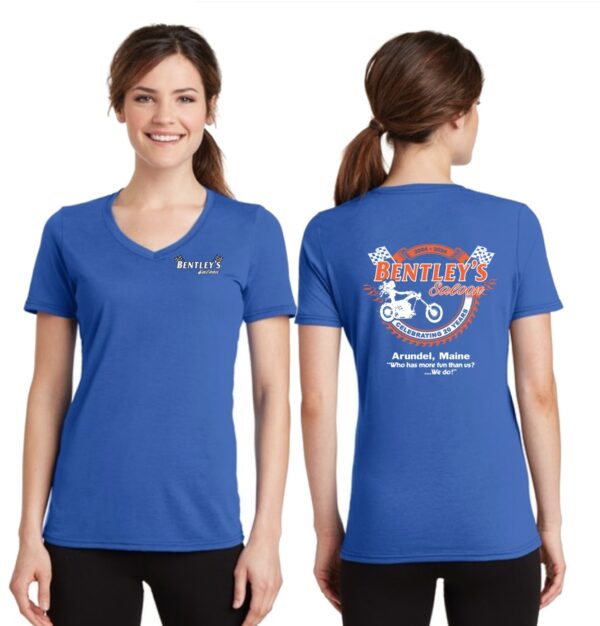 A women 's v-neck t-shirt with the company logo and name of the company.