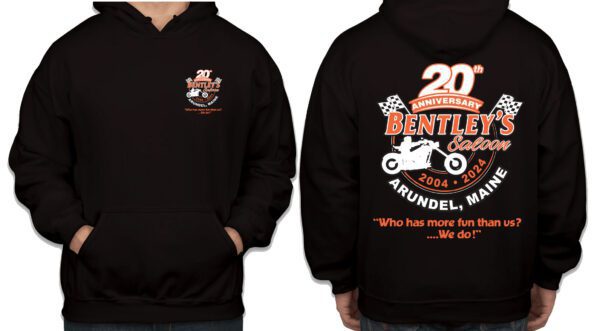 A black hoodie with an orange and white logo.