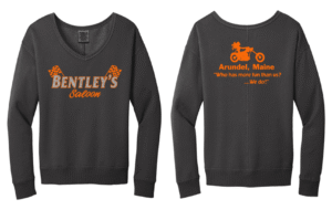 Black long-sleeve shirts with orange 'Bentley's Saloon' and Arundel, Maine text.