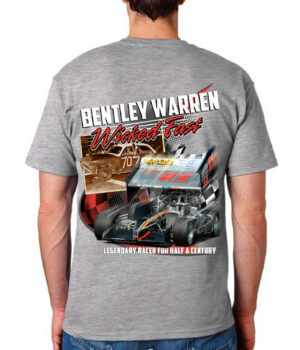 Back view of a gray T-shirt featuring Bentley Warren and Wildcat cars.