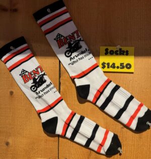 Striped socks with a vintage motorcycle design and a $14.50 price tag.