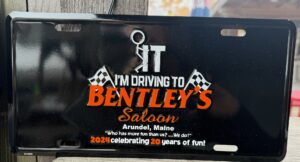 Car decal celebrating Bentley's Saloon in Rumford, Maine, 2024.