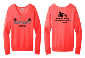 Bright coral Bentleys Believe long sleeve shirt with tiger graphics and Maine location text.