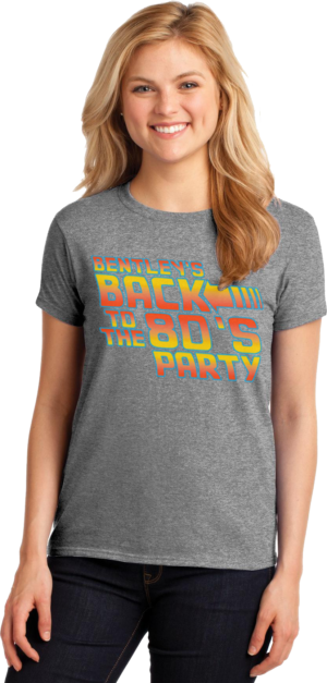 Gray t-shirt with colorful 'Bentley's Back to the 80's Party' text.