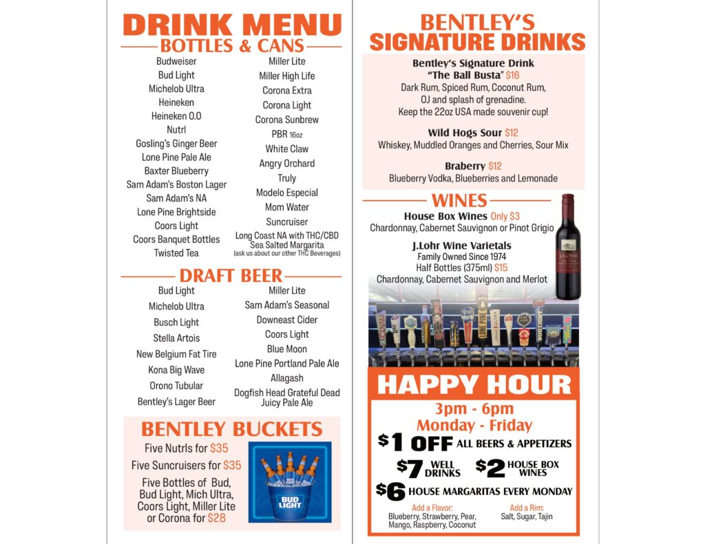 Bentley's Saloon - Spring 2025 Drink Menu 8.5x3.75 Laminated