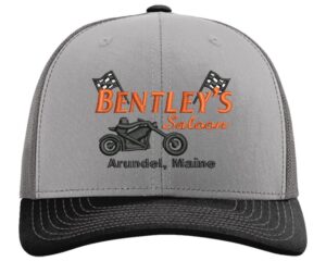 Gray and black Bentley Motorcycles cap with orange and black logo.