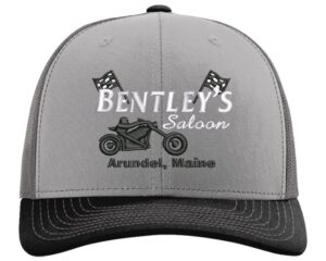 Gray and black cap with Bentley's Saloon logo and motorcycle design.