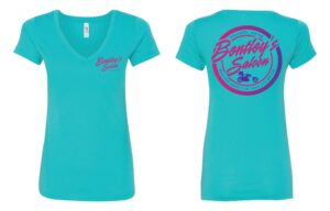 Turquoise V-neck t-shirt with pink 'Beauty & Smile' logo on front and back.