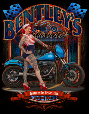 Pin-up style woman posing with a blue motorcycle at Bentley's Saloon.