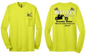 Bright yellow long-sleeve shirt with a vintage motorcycle design and text for Bentley's Harley.