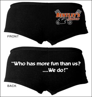 Black shorts with playful text on front and back.