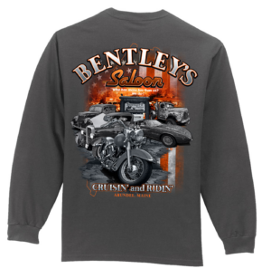 Dark gray long-sleeve shirt with a vintage truck and sunset design.