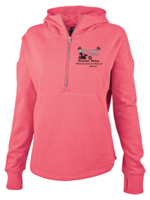 Pink quarter-zip fleece jacket with a logo on the chest.