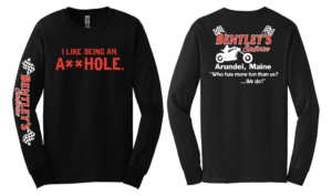 Black long-sleeve shirt with humorous and bold text designs on front and back.