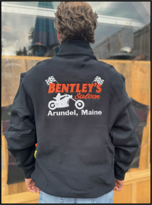 Person wearing a Bentley's Saloon jacket in Arundel, Maine.